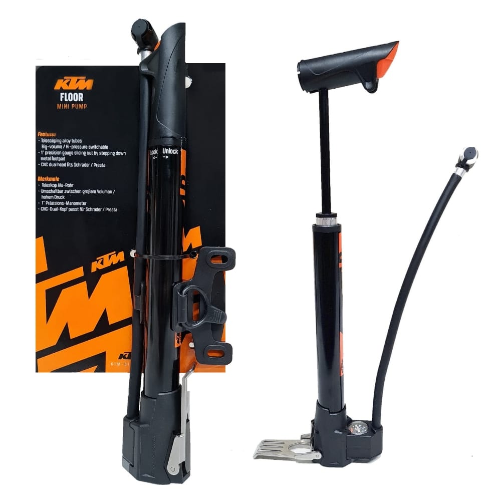 Inflador de Pie Mini - Alta Presion O Volumen - 30 cm Altura - con Manometro - KTM